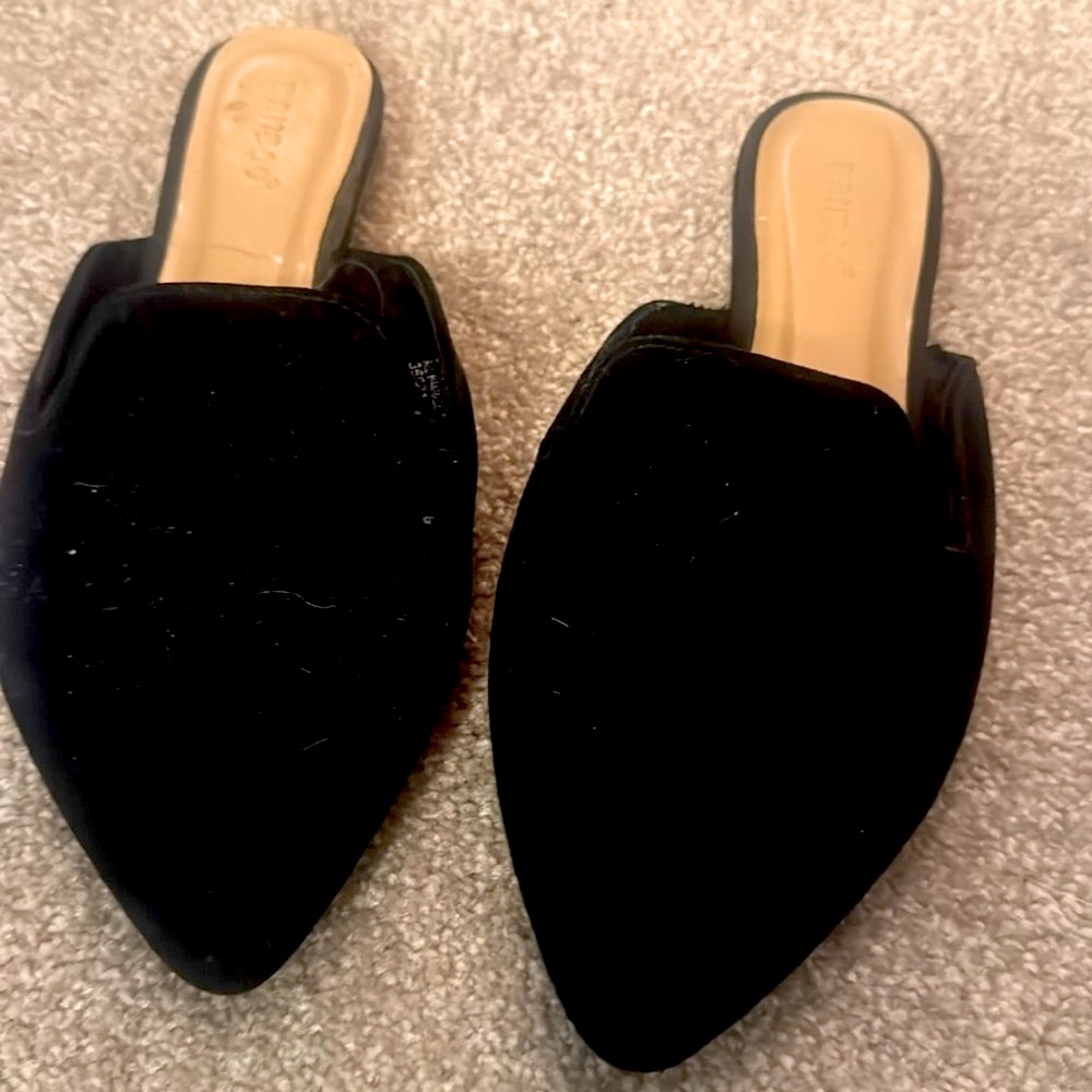 BAMBOO Black Suede Slides with gold trim at the heel